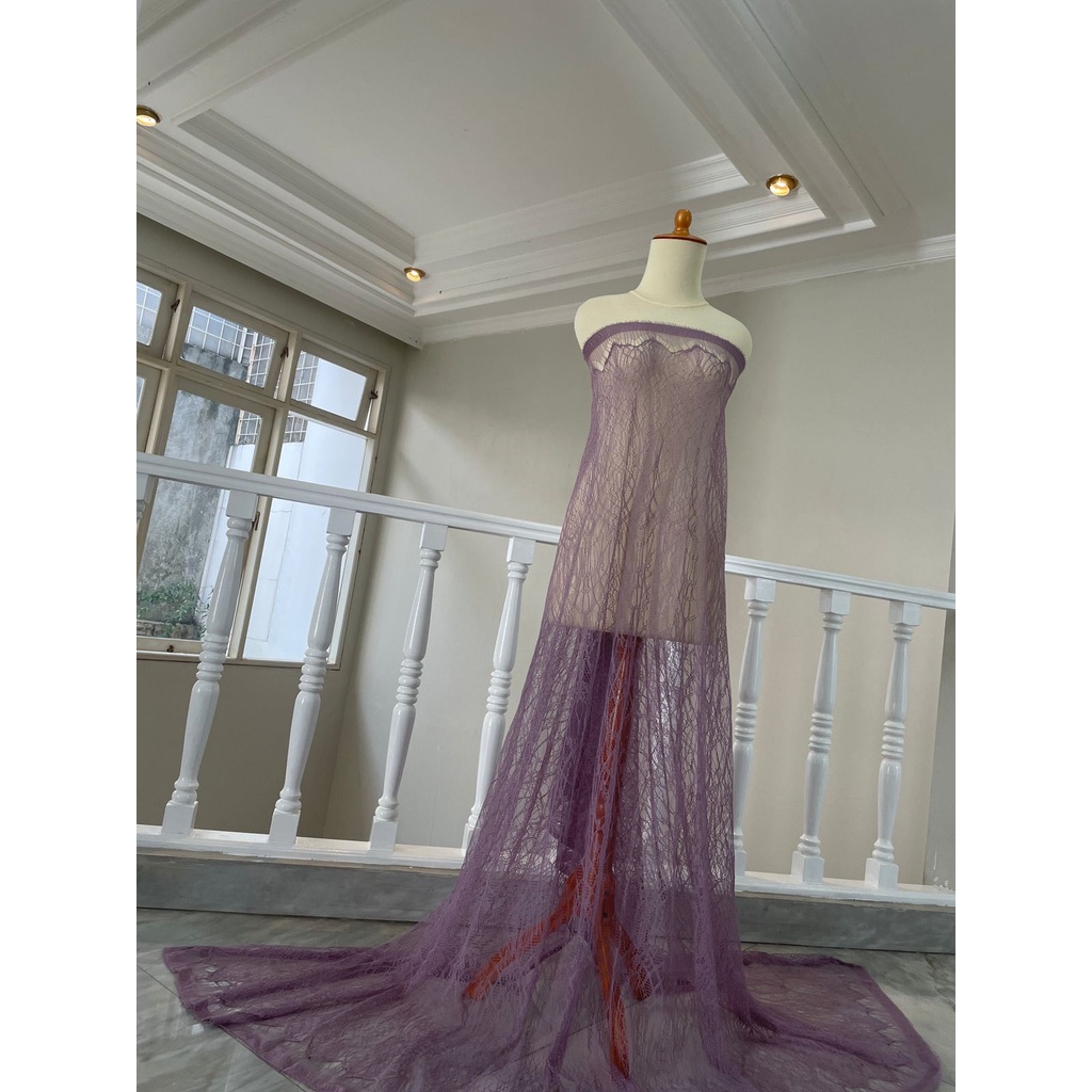 Bahan Kain Brokat Brukat Panel Chantily Lace Semi Prancis France Warna Ungu Dusty Purple
