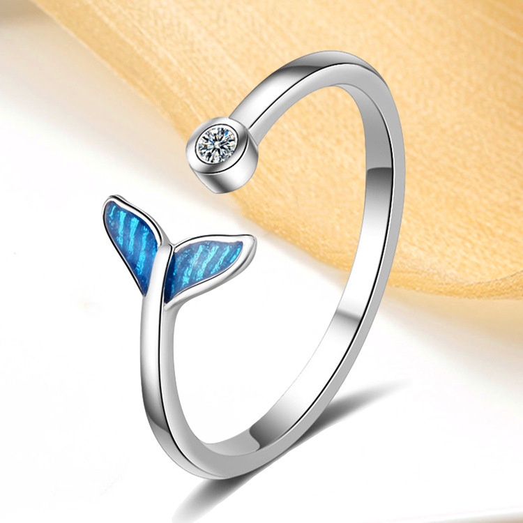 Cincin Model Terbuka Adjustable Desain Lumba-Lumba Ekor Mermaid Aksen Zircon Biru Laut