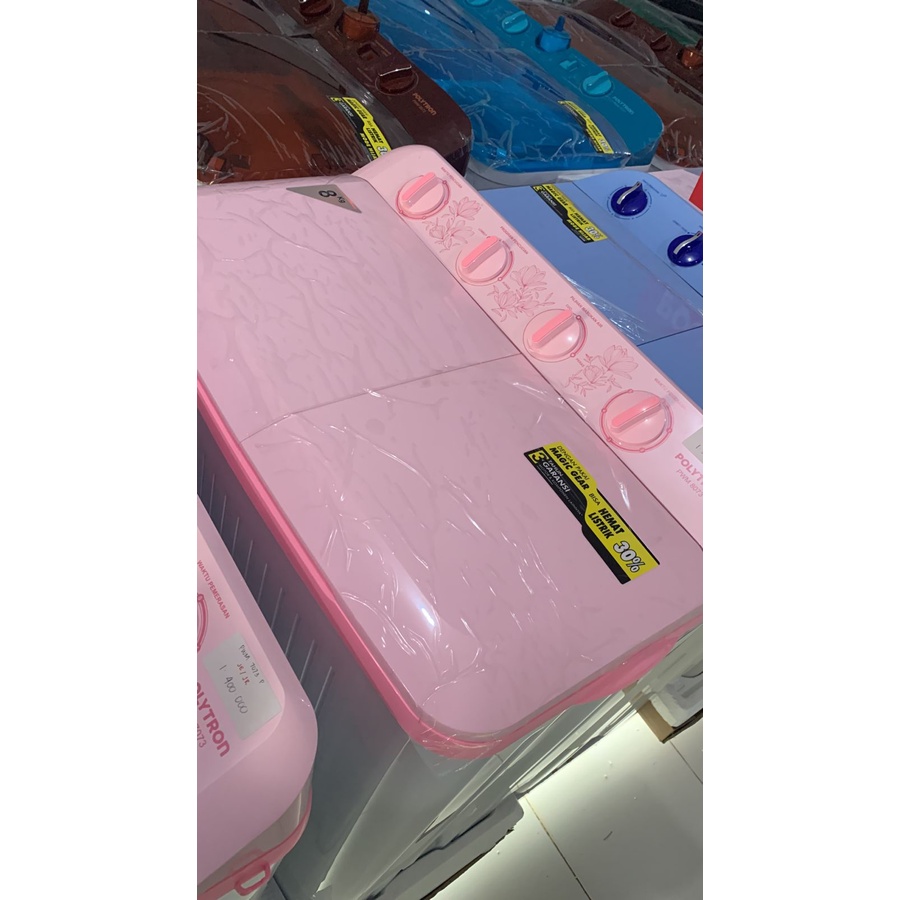 Mesin cuci Polytron PWM 8073 Pink Biru Kapasitas 8 kg 2 tabung