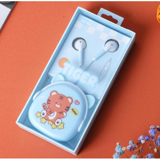 [XY-68] Set Headset Earphone TIGER Earphones / Wadah Earphone Kartun Animal Harimau Lucu / Earphone Karakter Hewan TIGER