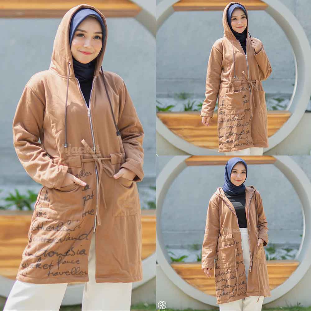 Jaket Jacket Panjang Wanita Cewek Hoodie Muslimah Hijaber Remaja Dewasa Terbaru Kekinian Hijacket UB-Coklat
