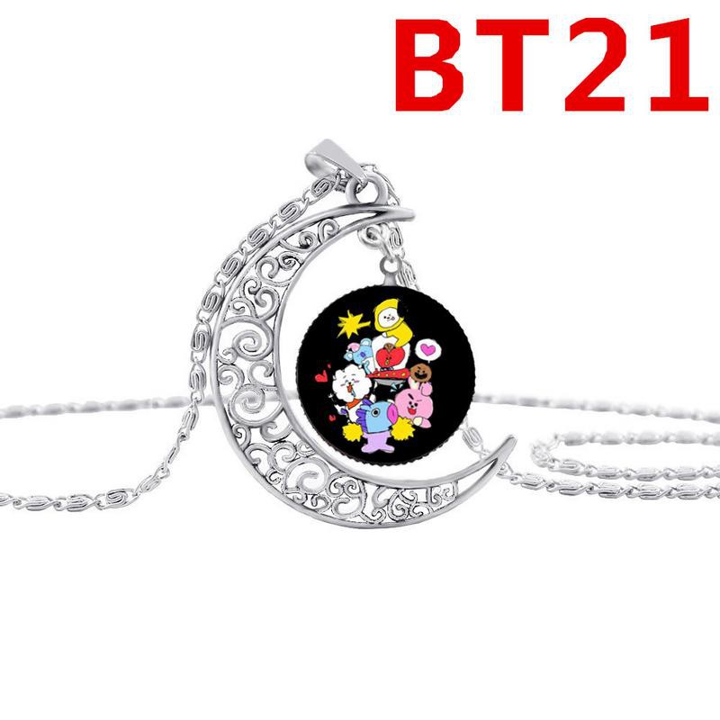 KPOP BTS BT21 Time Gemstone Necklace Silver Half Moon Pendant Chain Accessories