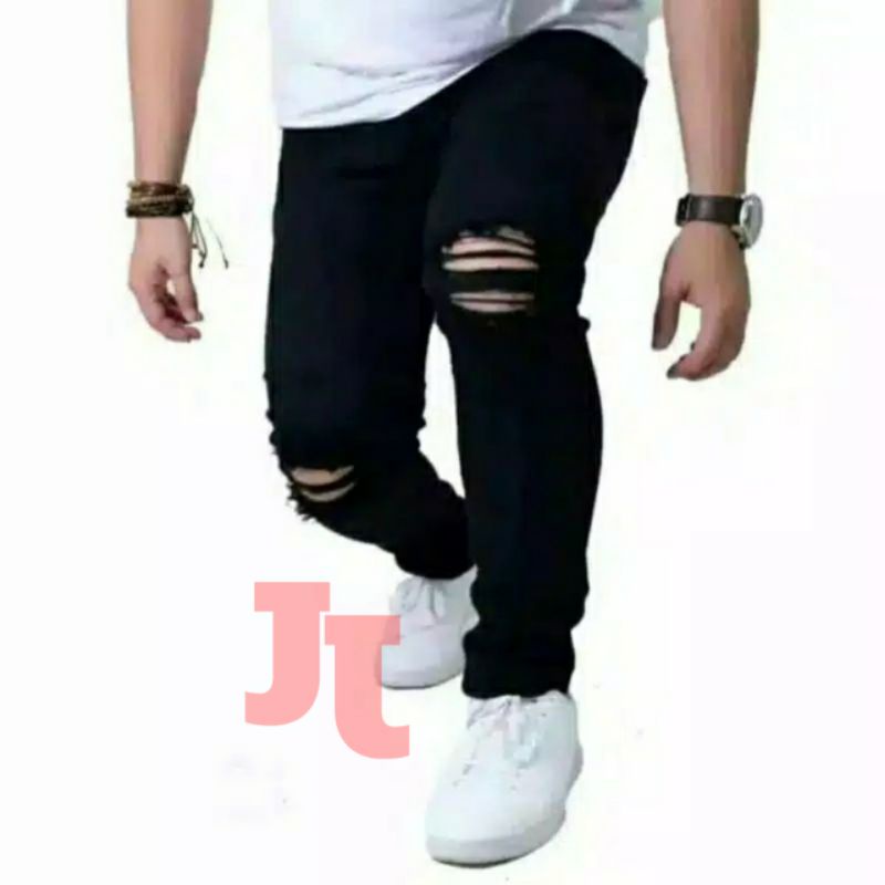 Celana jeans sobek lutut pria ripped jeans softjeans stretch lentur karet melar hitam skinny slimfit