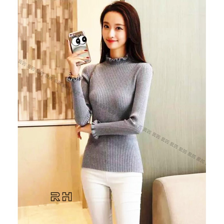 ORIGINAL RHcollections baju rajut kerah tinggi kriwil turtleneck wanita salur sweater wanita