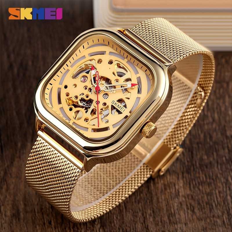 Jam Tangan Pria SKMEI Original Automatic Mechanical Stainless Strap 9184CS Gold-3