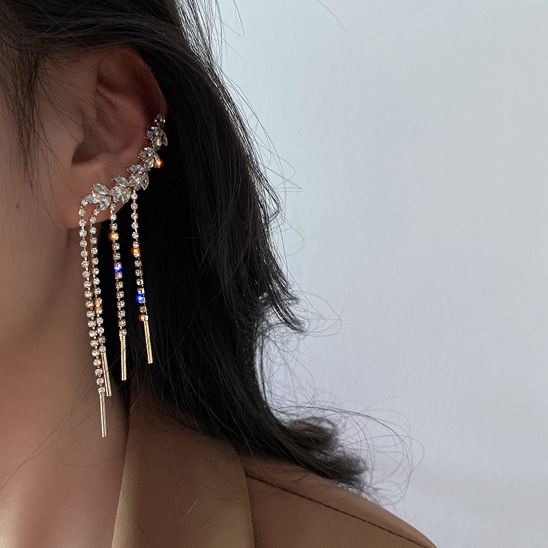 Anting Klip Tanpa Tindik Desain Daun Rumbai Hias Zircon Berlian Imitasi Untuk Wanita