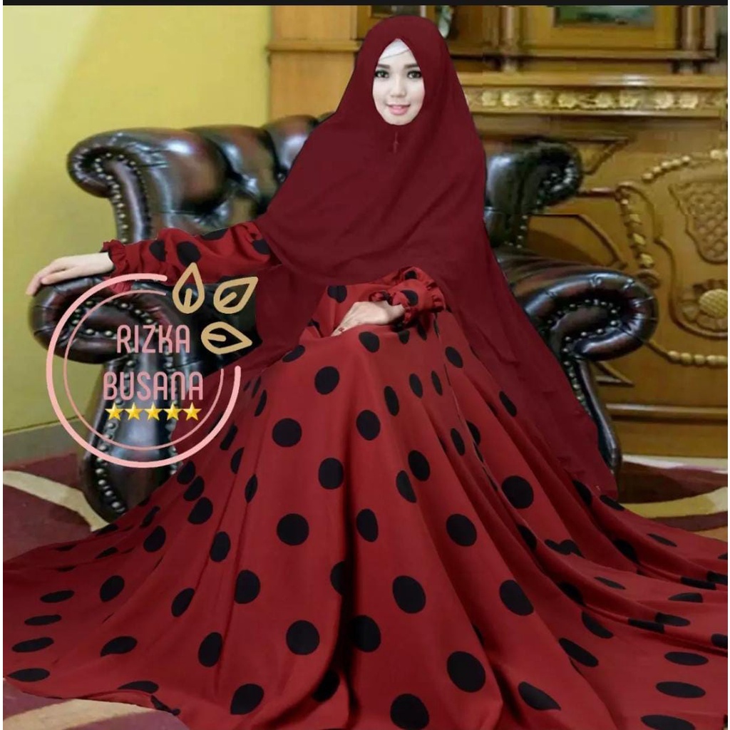 LANGSUNG KIRIM Gamis motif polkadot monalisa kerudung ceruty babydoll dua layer panjang / gamis terbaru polkadot