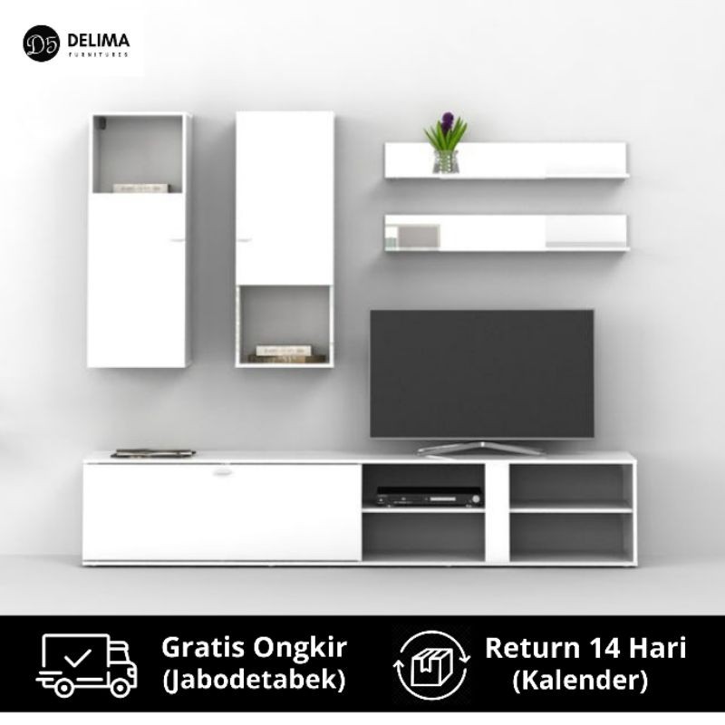 Set Rak TV / Meja TV dengan Kabinet Dinding Rak Ambalan, Putih
