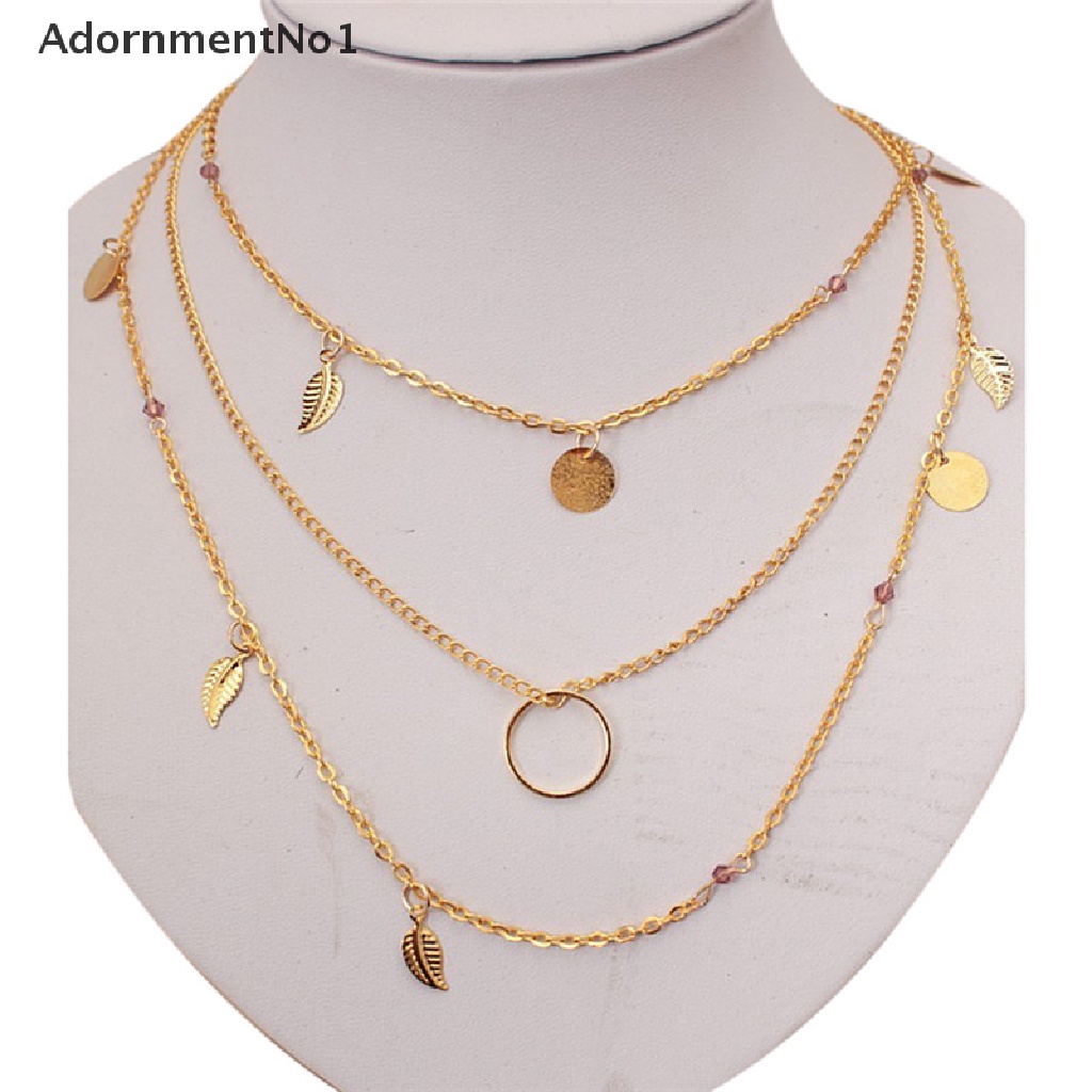 (AdornmentNo1) Kalung Rantai Multilayer Gaya Bohemian Motif Daun Aksen Kristal Untuk Perhiasan Wanita