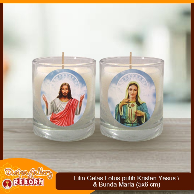 Lilin Ibadah Doa Rohani Gelas Yesus Maria Putih Lotus (5x6 cm)