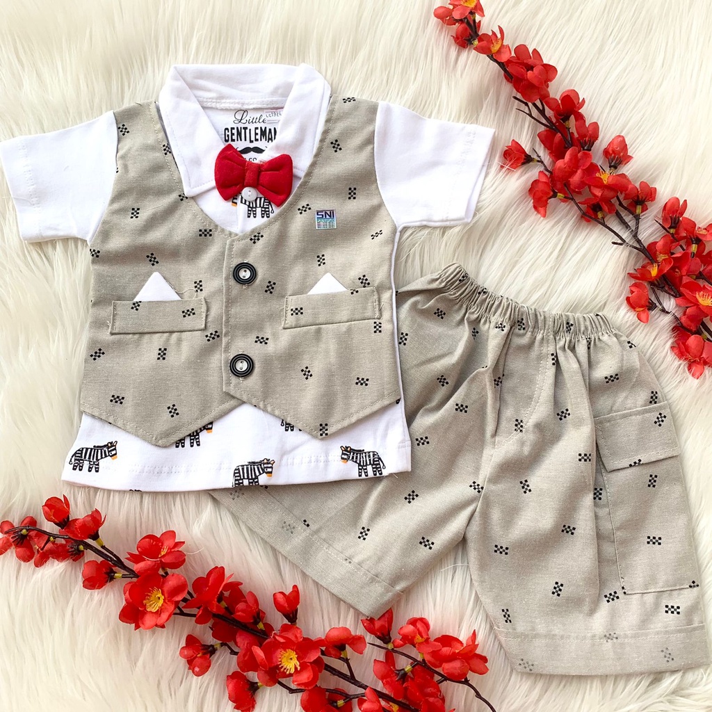 Baju setelan kemeja rompi celana motif pergi lucu bestseller fashion anak bayi laki cowok murah -zeb