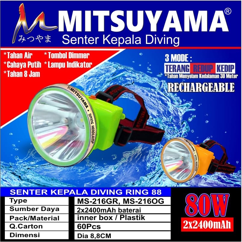 Barangunik2021-Senter Kepala Selam Diving Super Terang 80 Watt Mitsuyama MS 216P/K