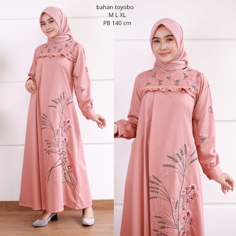 ZAJA - Baju Gamis Motif Bordir Bunga Padi Terbaru / Gamis Katun Toyobo Polos Bordir Mewah 2022 / Dress Muslim Katun Toyobo Bordir Kembang / Gamis Bordir Jumbo / Dress Big Size Bordir Cantik