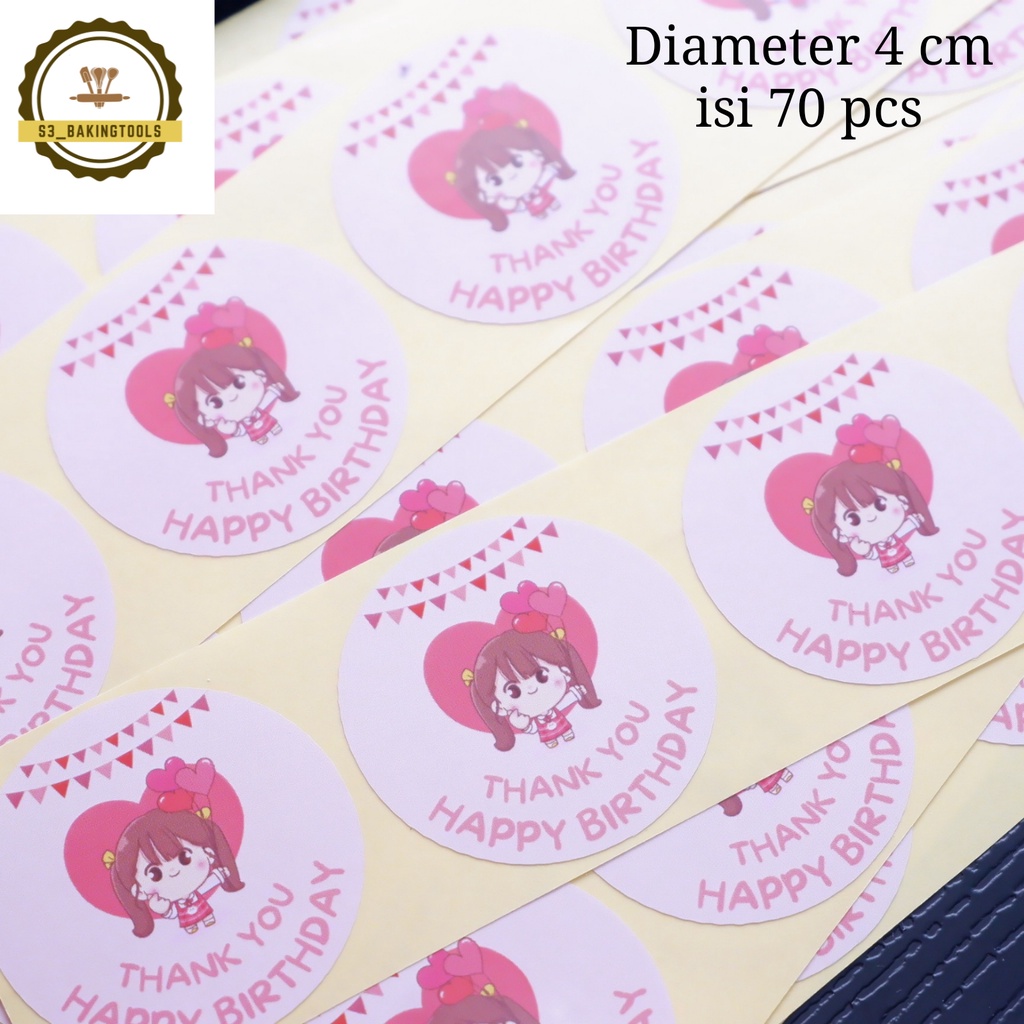 

Sticker label pink girl thank you happy birthday, diameter 4cm, isi 70 pcs