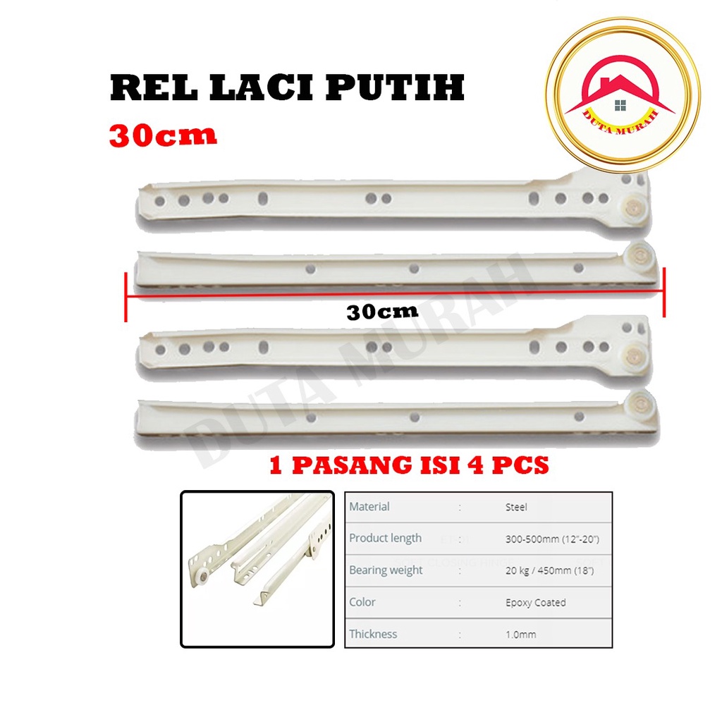 Rel Laci Lenaga by Huben 30 cm 1 set (2 pcs). Biasa Roda Singel Track Putih Free Skrup