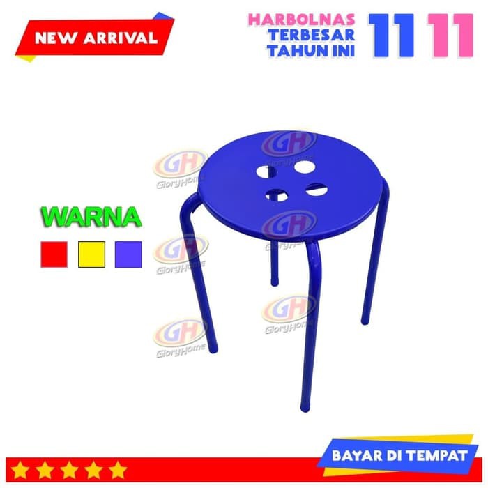 Glory Home Kursi Baso Bulat Besi Powder Coating Metal Stool - Biru