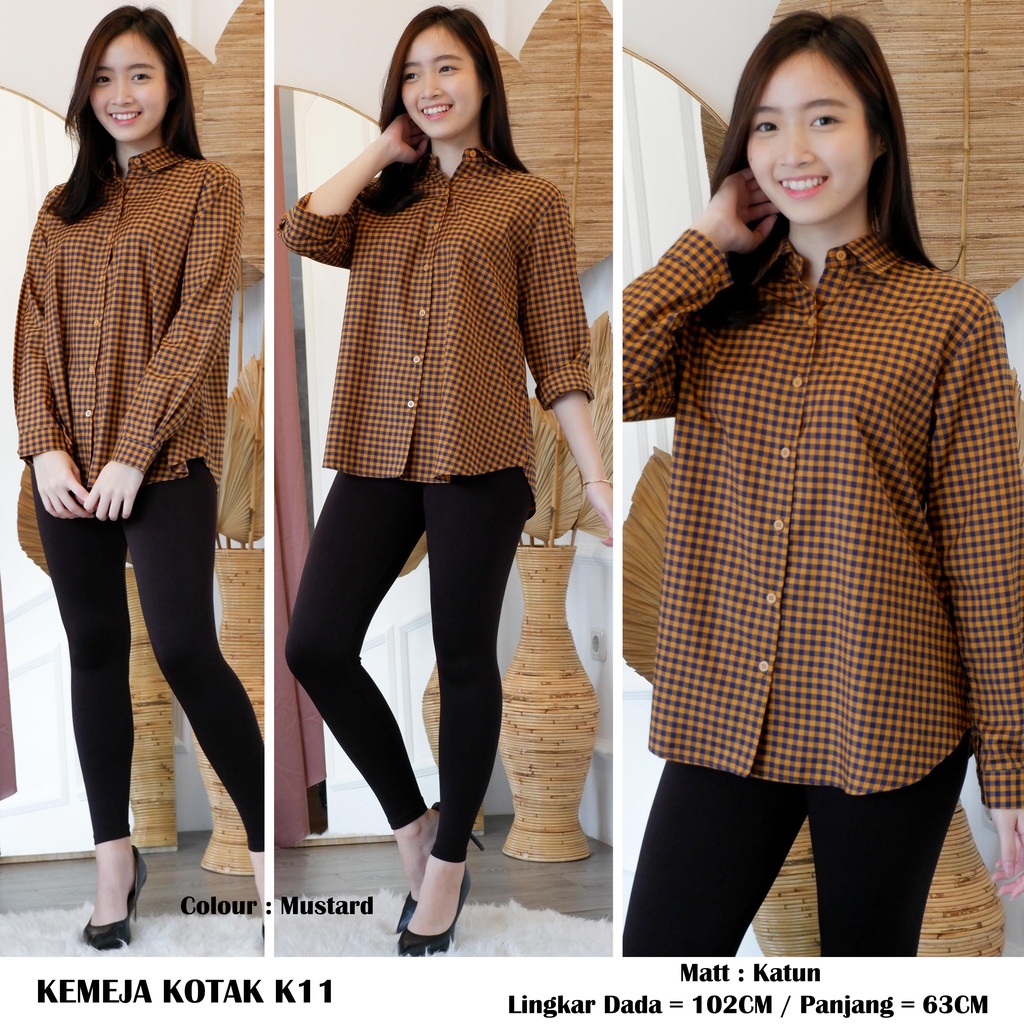 KEMEJA WANITA LENGAN PANJANG MOTIF KOTAK Bahan Katun K11 / K19-6