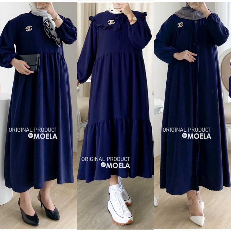 Tunik Dress Midi Dress Long Dress Gamis Navy by Moela Original