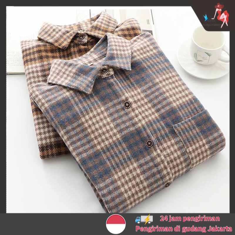 kemeja oversize flanel wanita kotak kotak Korean blouse Crop top korea Kemeja wanita casual