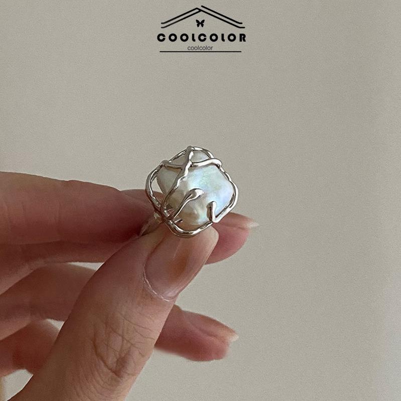 COD❤️2PCS/Set Cincin Kreatif Sederhana Temperamen Pembukaan Mutiara Tidak Teratur Cincin Dapat Disesuaikan korea fashion wanita