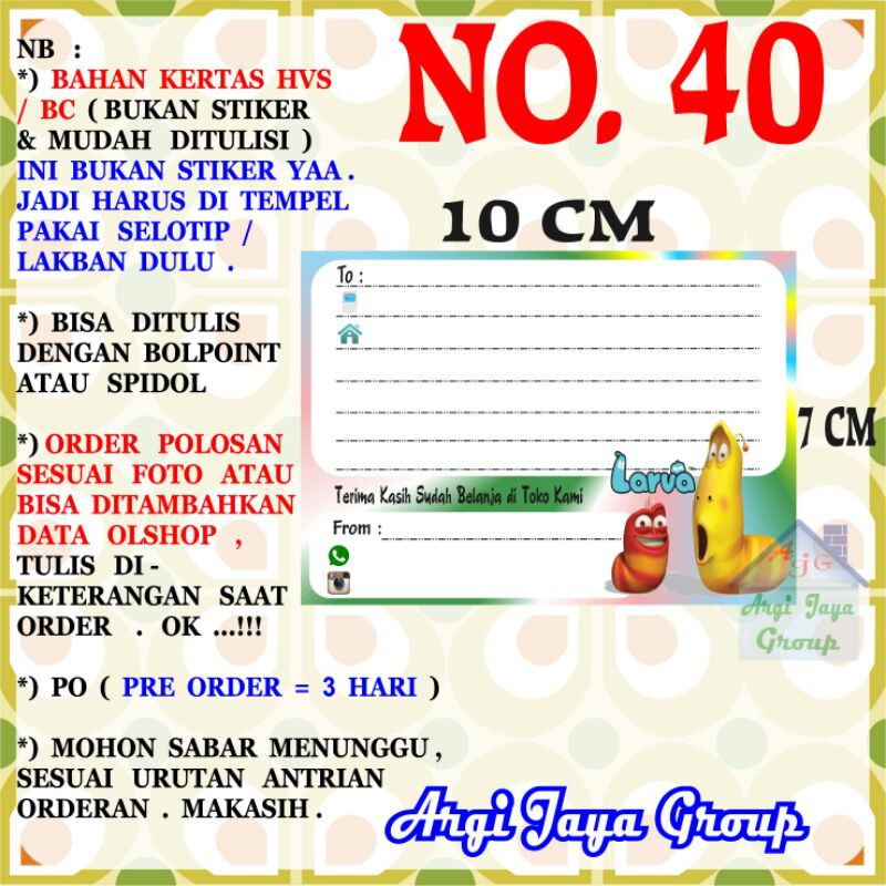 

Label Pengiriman Alamat Olshop Murah Nomer 40 - 10x7cm - Kertas BC (Manila)