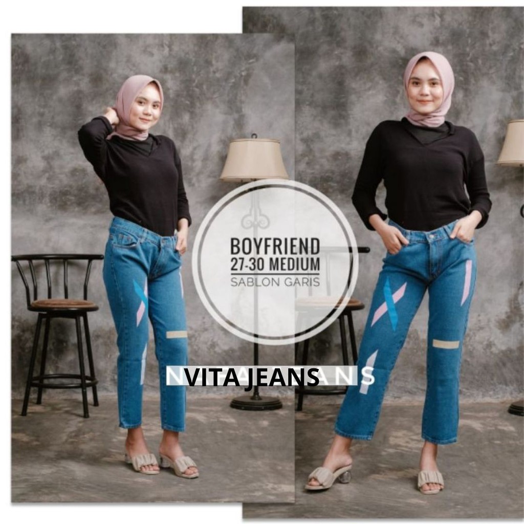 FREE BELT CELANA JEANS BOYFRIEND // CELANA JEANS MOTIF GARIS // CELANA WANITA