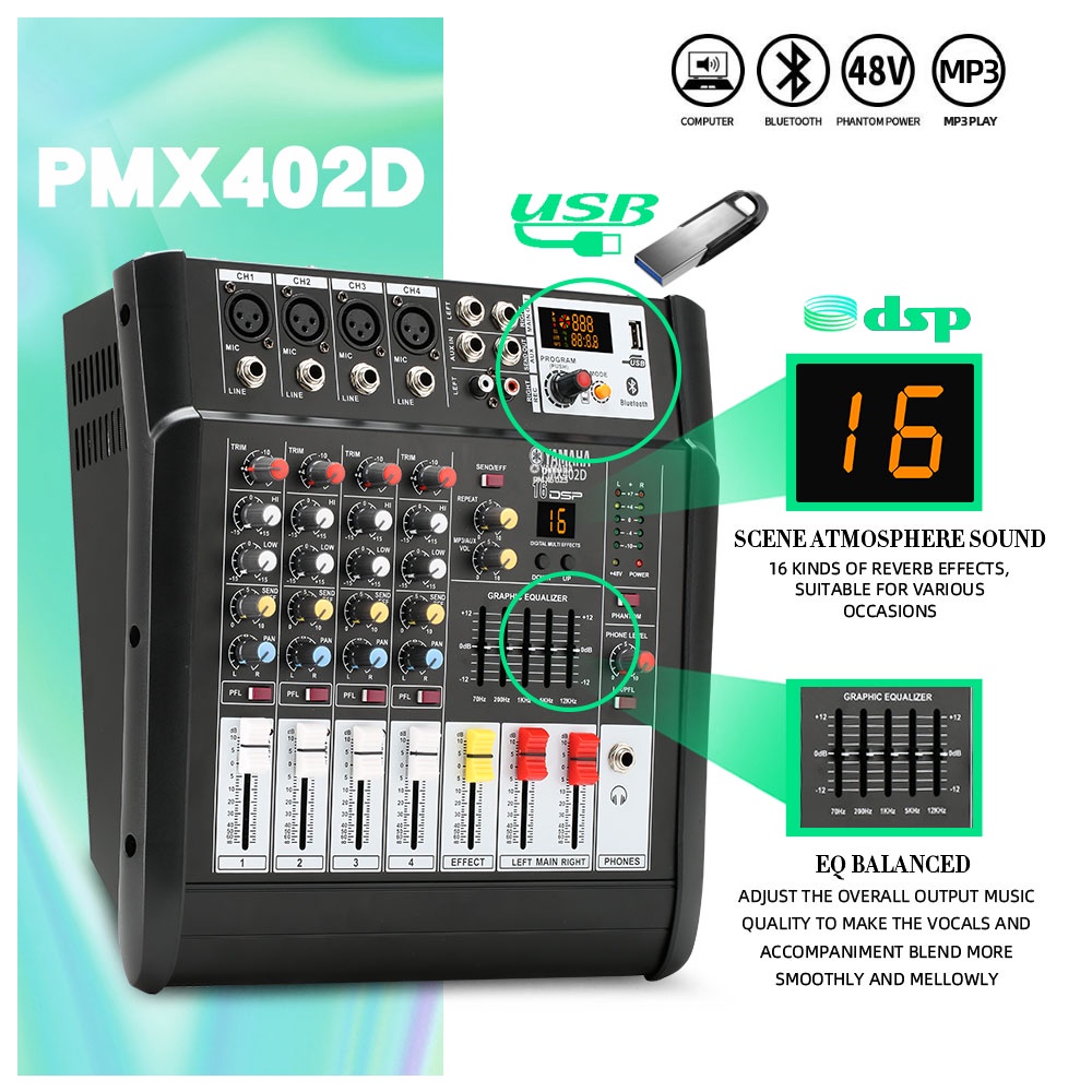 Mixer Audio Profesional PMX402D/PMX402S 4 saluran dengan efek 16DSP bawaan Penguat daya 350 watt 2 saluran Dilengkapi dengan 2 mikrofon nirkabel UHF Penyesuaian EQ equalizer 7-band 2-lapisan Mendukung pemutaran Bluetooth/USB/PC/MP3