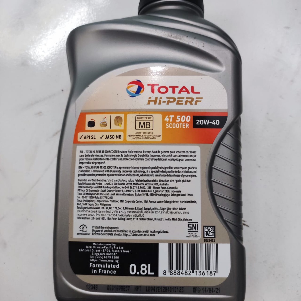 Oli Total Hi Perf 4T Scooter Matic 20W40 800ml