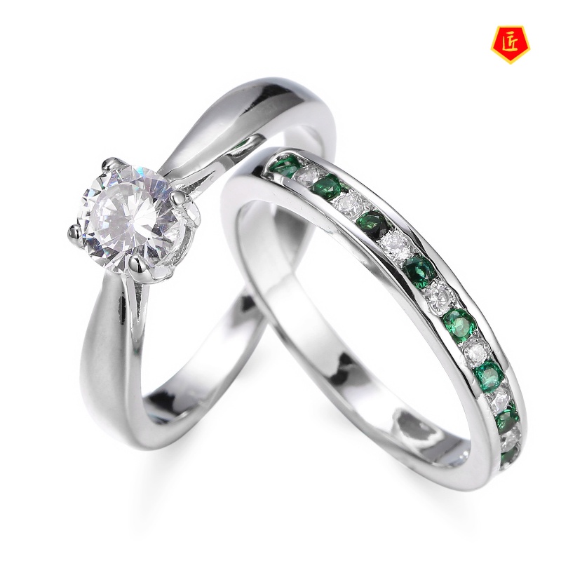 [Ready Stock]Simple Elegant Emerald Diamond Ring Set