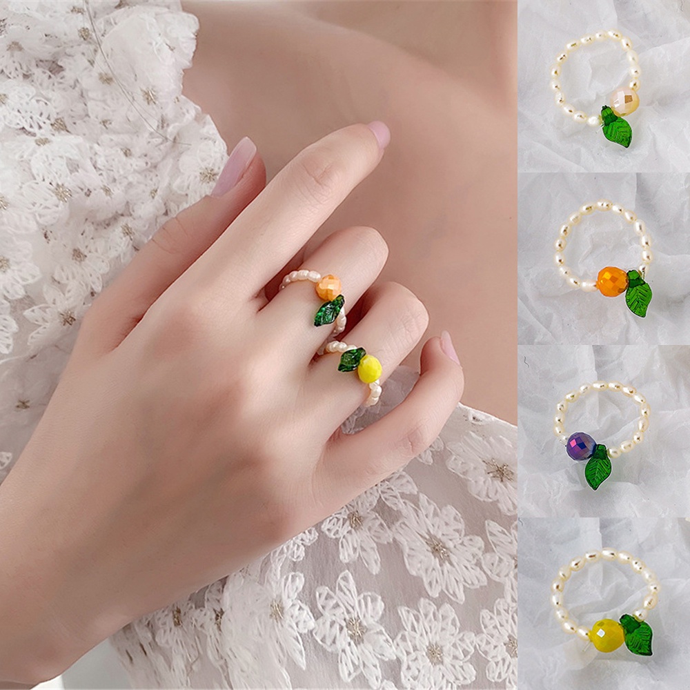Korean Elasticity Finger Ring Freshwater Pearl Ring Adjustable Small Fresh Green Leaf Crystal Apple