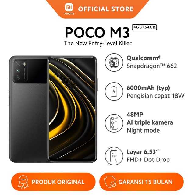 Poco M3 (4GB + 64GB) Snapdragon 662 48MP AI Triple Kamera Layar 6.53” FHD+  Layar Dot Drop 6000mAh-Power Black