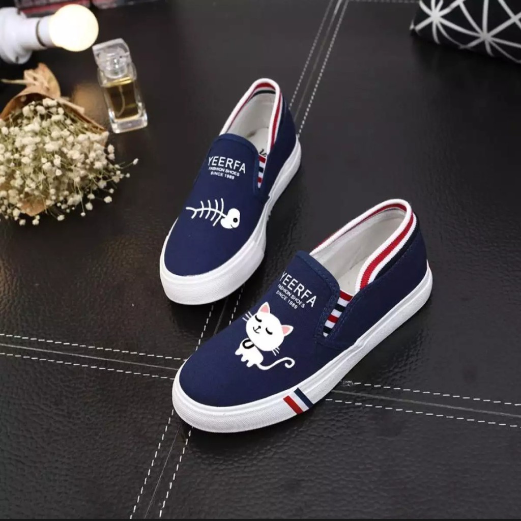 HD-SEPATU WANITA SLIP ON BONE FISH PRINTING MURAH - ABU HITAM DAN BIRU DONGKER