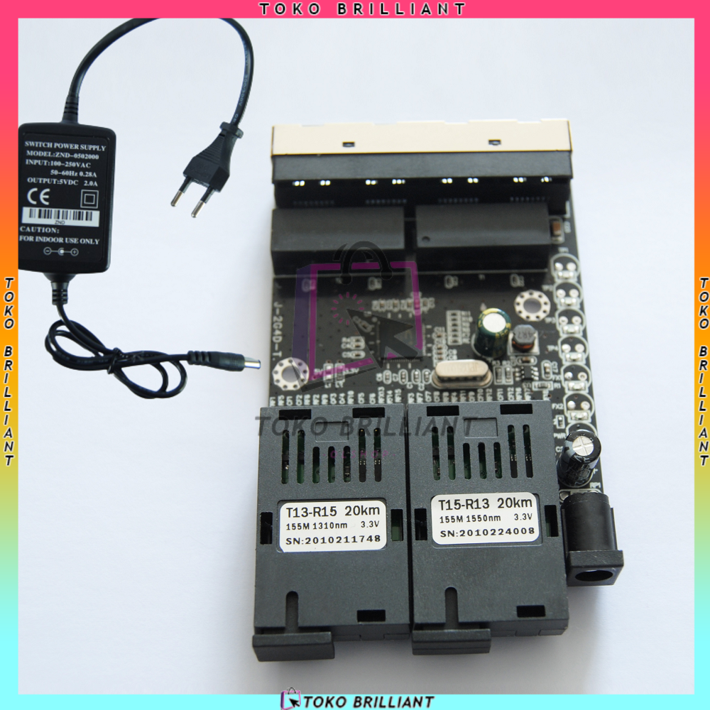 [BISA COD] 10/100Mbps 2 SC 4 RJ45 Ethernet Fiber Switch Single Mode Fiber Port PCB-Dengan adaptor