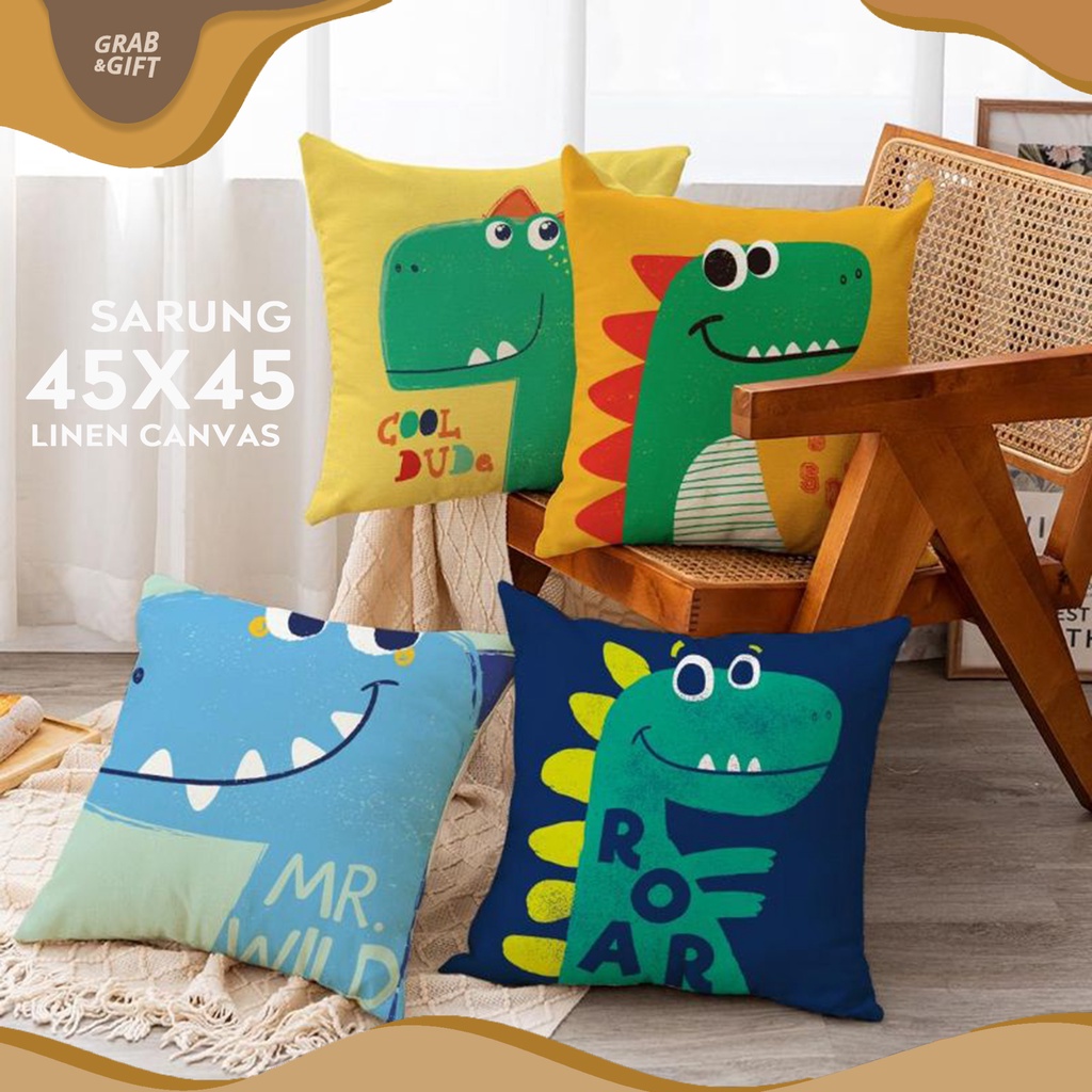 SARUNG Bantal Sofa Print 45x45 cm Linen Motif Dinosaurus Dino Trex Tyrex Grabandgift