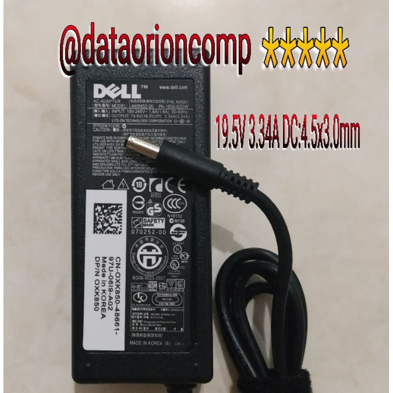 Adaptor Charger Dell 19.5V 3.34A DC 4.5*3.0 mm for Dell Inspiron 11-3000 11-3147 11-3148 13-7347 13-7348 13-7352 14-3458