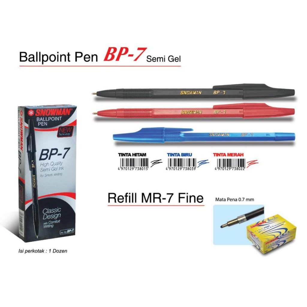 

Pulpen Bolpen Bolpoint Snowman BP - 7 / BP7 Murah 1 Pak
