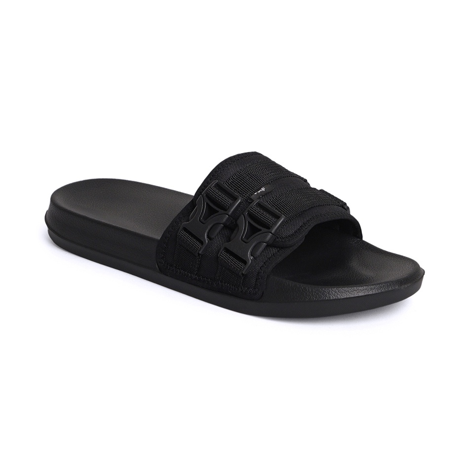 WOLV BLACK ORIGINAL x FOOTSTEP Sandal Casual Full Hitam Pria Sendal Slide Jalan Santai Harian Slippers Hangout Lebaran Selop Anti Slip Karet Premium Slip On Remaja Dewasa Flip Flop Kerja Formal Sport Footwear Big Size Jumbo Ukuran Besar 44 Keren Kekinian