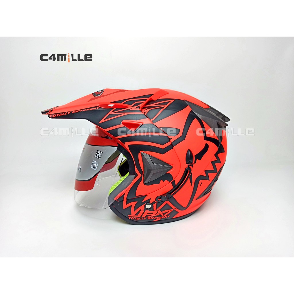 HELM JPX SUPERMOTO WILD RIDER RED FLUO DOFF BLACK DOUBLE VISOR HALF FACE CROSS TRAIL