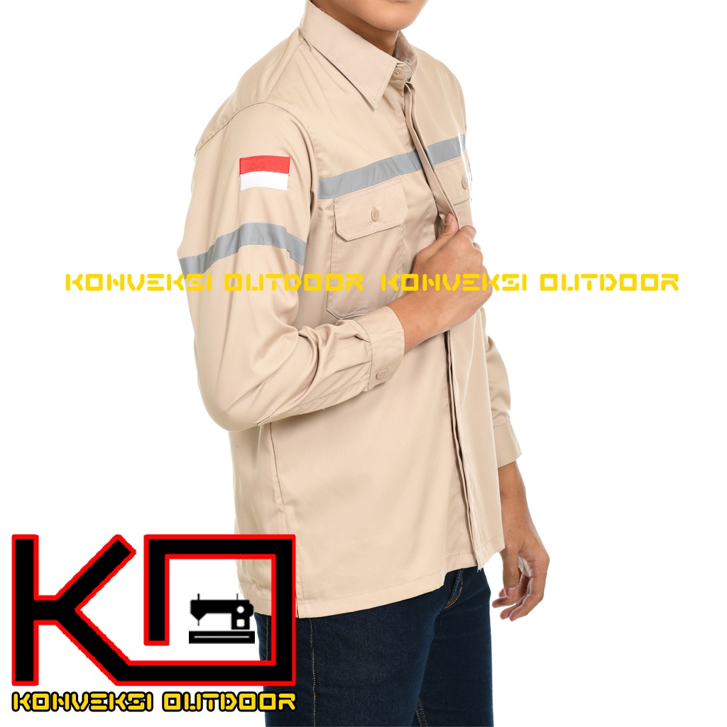 BAJU KEMEJA SAFETY WEARPACK K3 OUTDOOR PREMIUM LENGAN PANJANG - Seragam Proyek Pria Kerja Lapangan Bangunan Tambang Alat Berat PLN Enginer Instalasi Mesin Warepack Werpak Werpack Warepak Warpack Warpak Teknisi scotlet Warna Cream Konveksi Outdoor