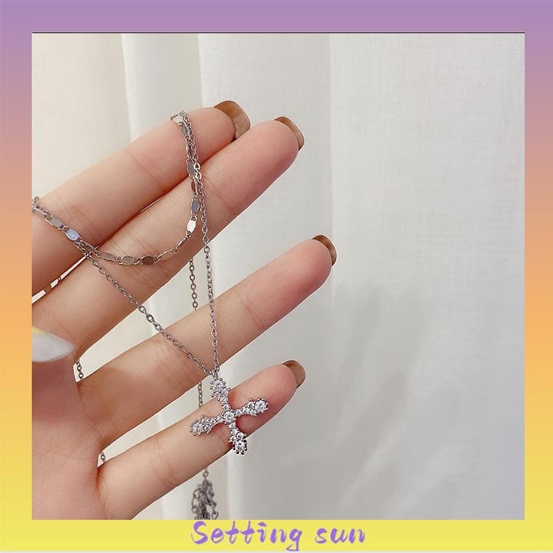 Kalung Liontin Salib Lapis Ganda Bahan Zirkon Gaya Hip Hop TN