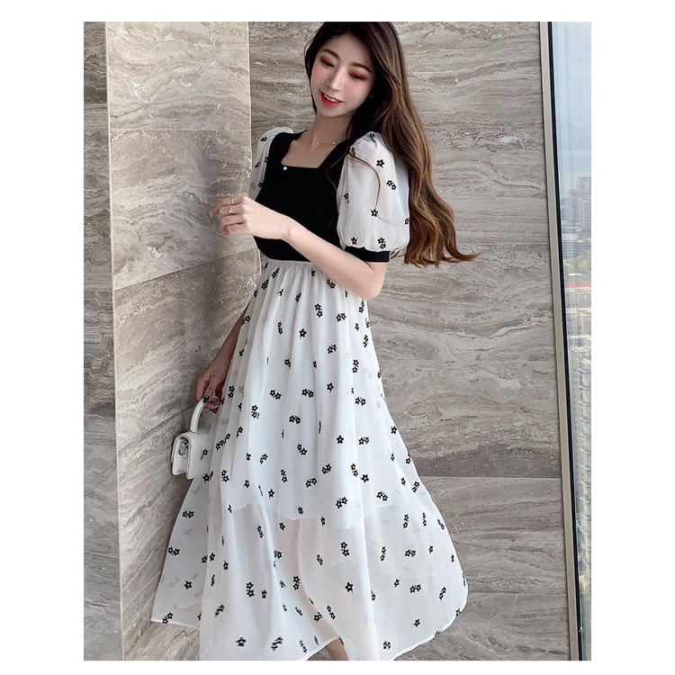 [littlecrab] Dress Square Neck Hitam Putih Dot Long Dress Atasan Hitam Karet Gaun Putih Motif Bunga Hitam Lengan Balon Pendek Simple Berkualitas Kasual Simply Korean Style