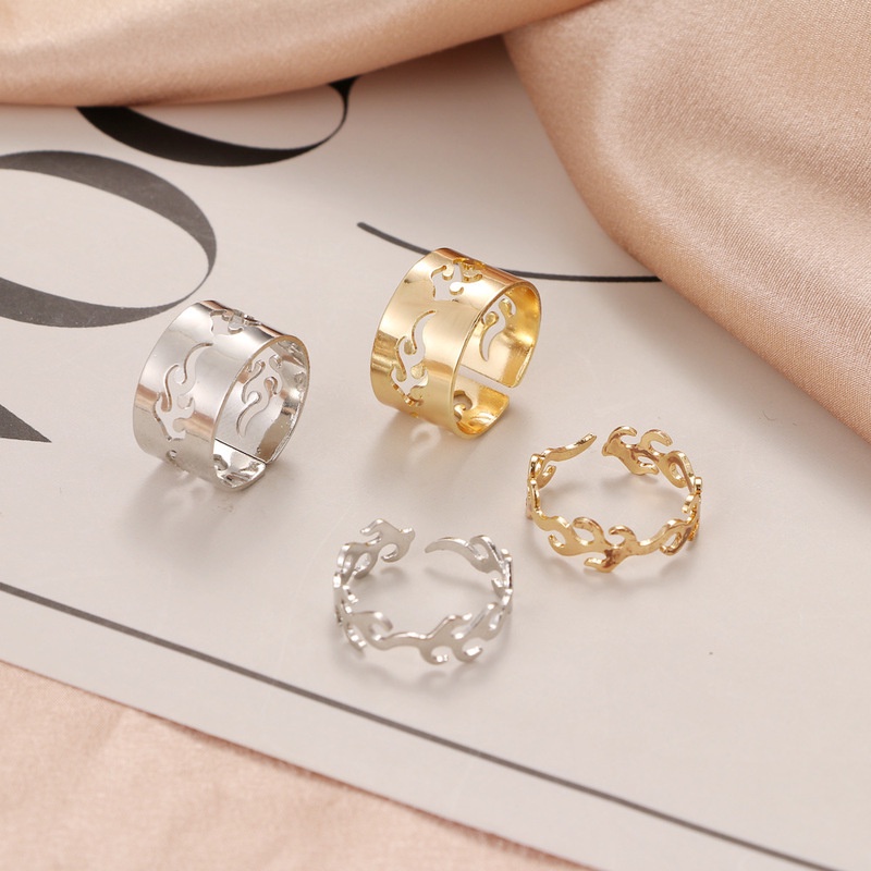 [2 Pcs Set Korean Fashion Retro Flame Open Rings For Women] [ Elegant Ladies Smooth Fine Thin Finger Ring] [Lovely Jewelry Gifts For Girl Friends]