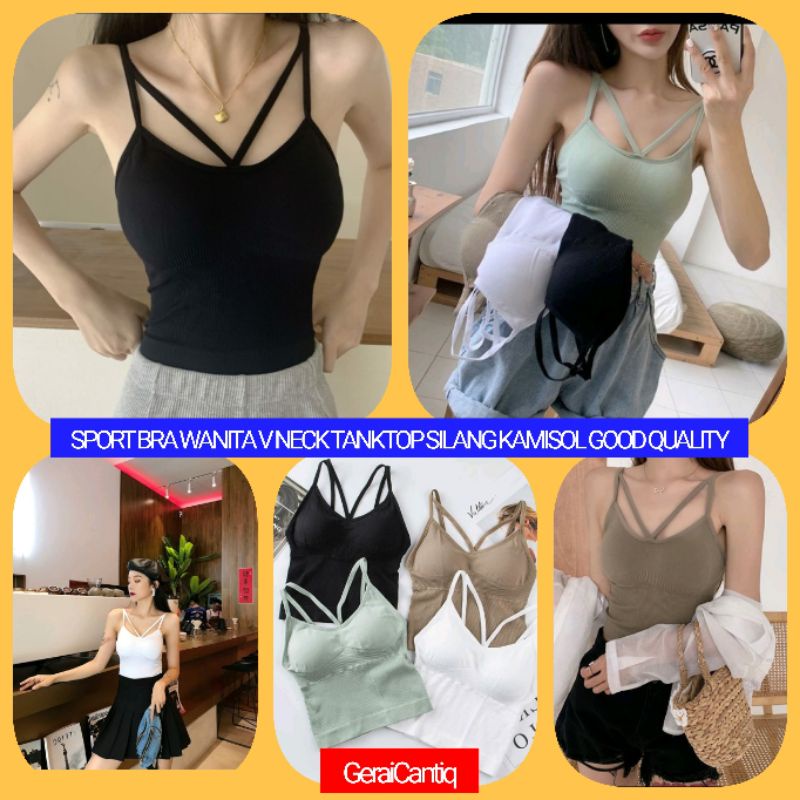 SPORT BRA WANITA V NECK TANKTOP SILANG KAMISOL CUP BRA GOOD QUALITY