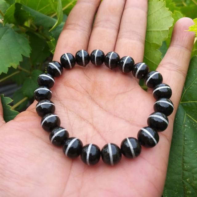 Gelang butiran bahar uli sadi hitam kombinasi garis logam