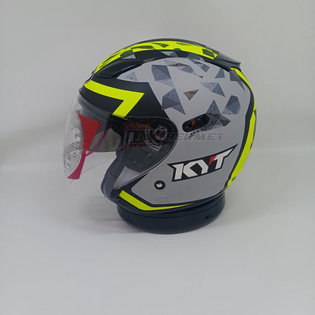 Helm Half Face KYT DJ Maxi Motif Seri 1 Matt Asphalt Grey Yellow Fluo Double Visor Original Abu-abu 