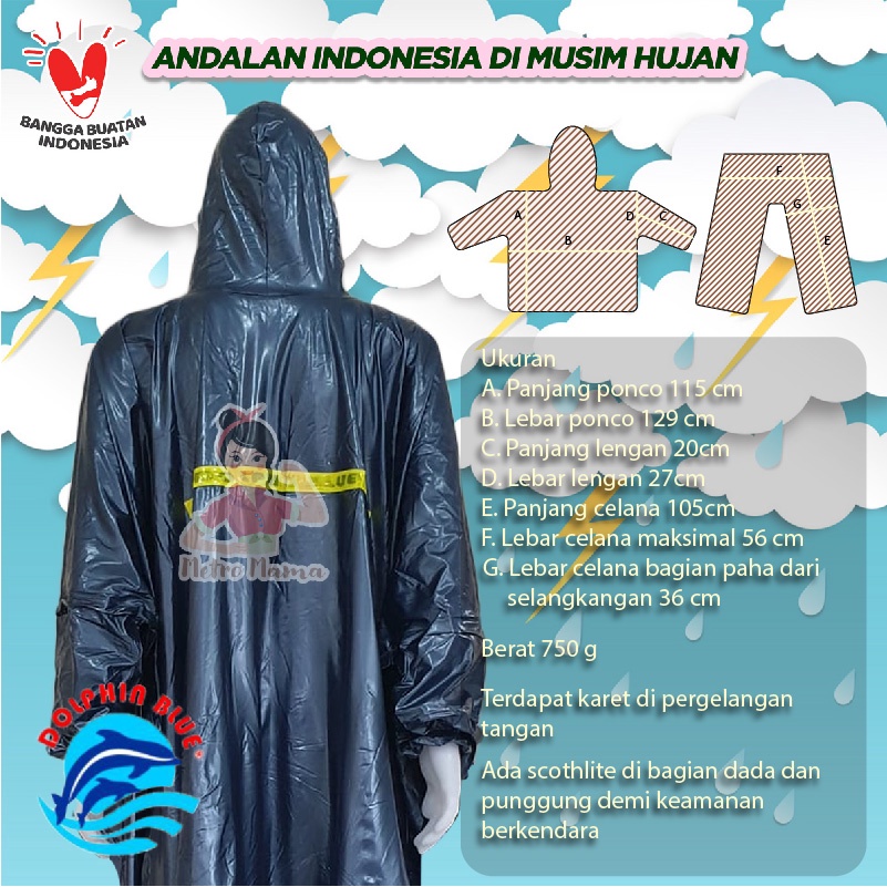 Jas Hujan Ponco Lengan Celana Hybrid DOLPHIN BLUE 672 BIG SIZE JUMBO