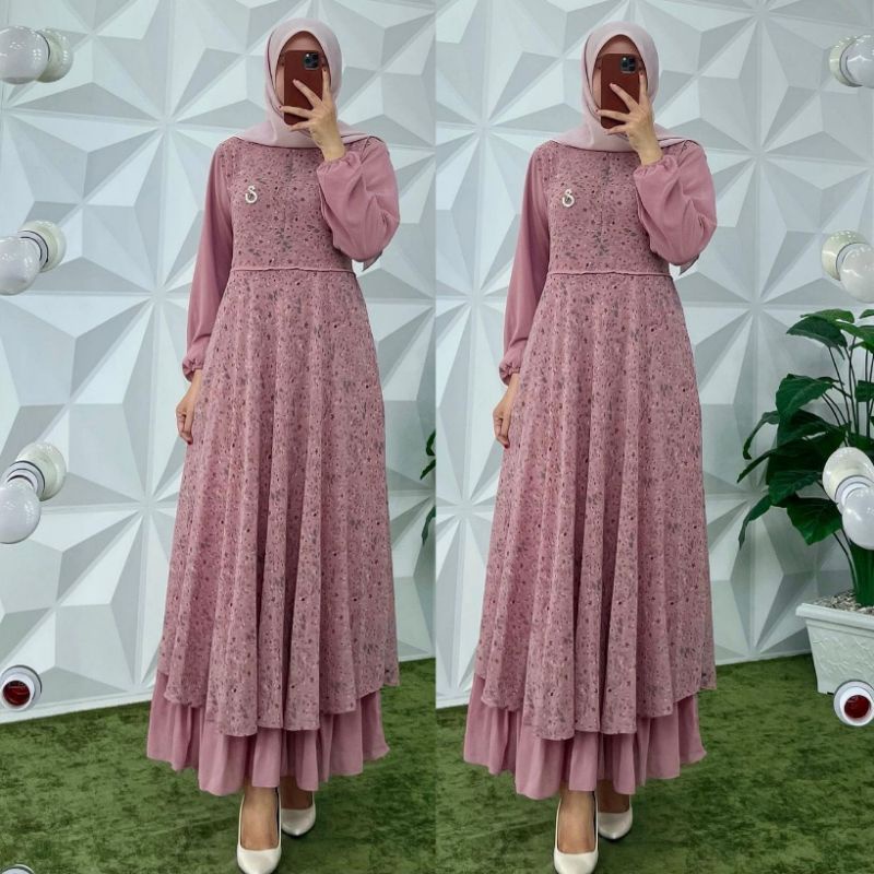 Gamis malaysia original terbaru maxi seruty bebydoll motif bunga kombinasi polos
