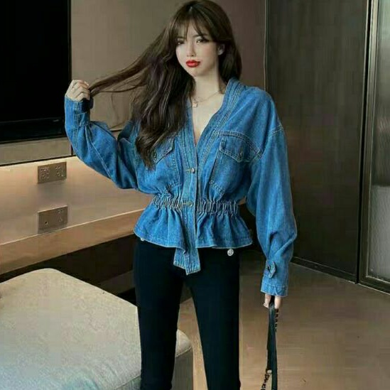 2015 Baju outwear outer jaket denim jeans wanita import baju jaket jeans denim biru cewek import