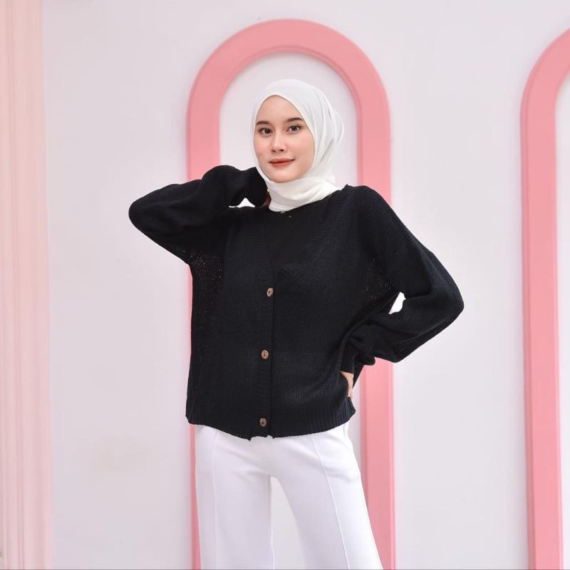 CARDIGAN OUTHER CARDIE - PREMIUM RAJUT - WOLLY CROPE - CLARISSA KNITE CARDY - SHIREN CARDY-Hitam