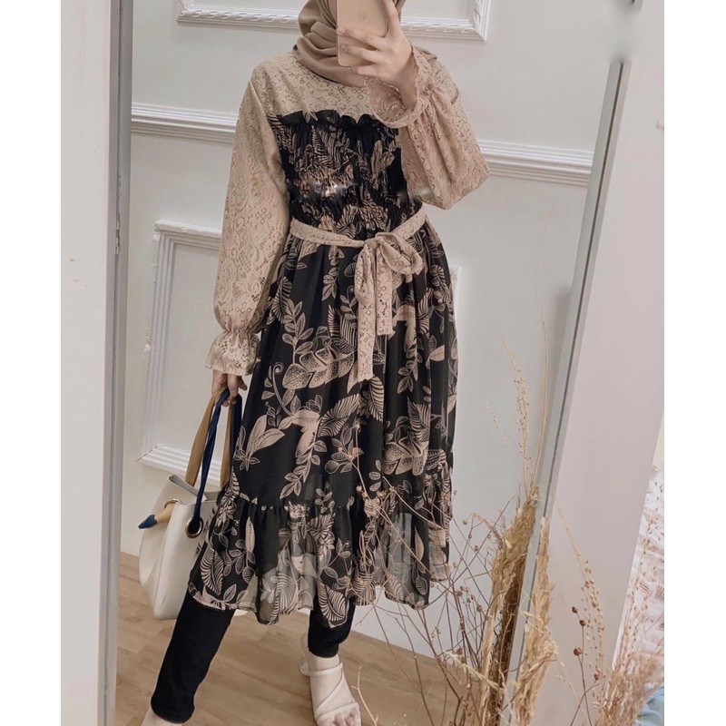 SHOPANDI / VELA TUNIK KOMBINASI BRUKAT BROKAT MOTIF FLORAL FASHION WANITA